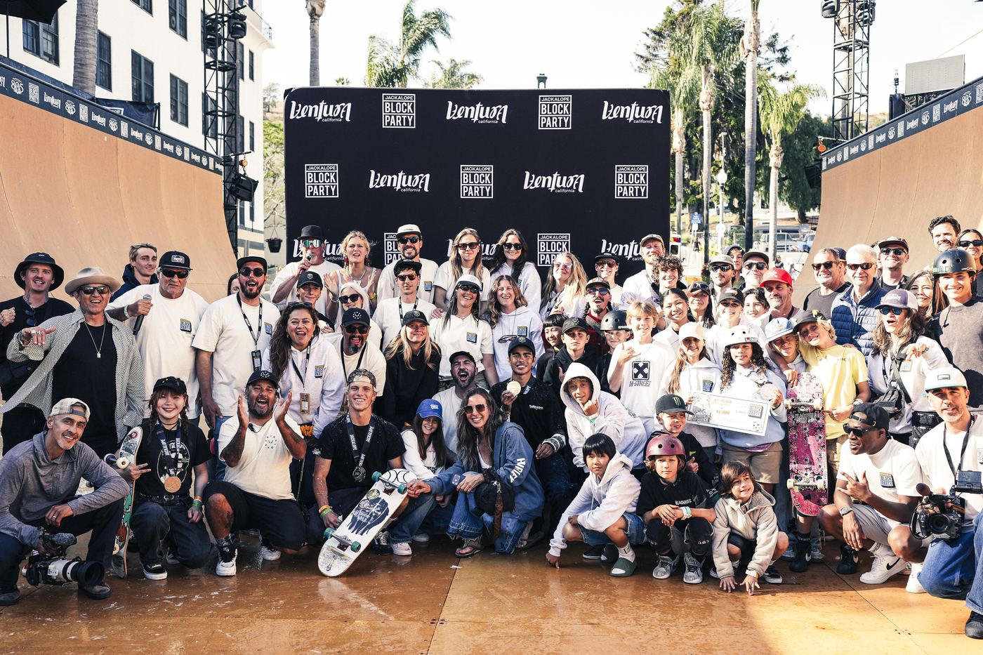 The Jackalope Block Party crew and riders posing on the vert ramp in Ventura