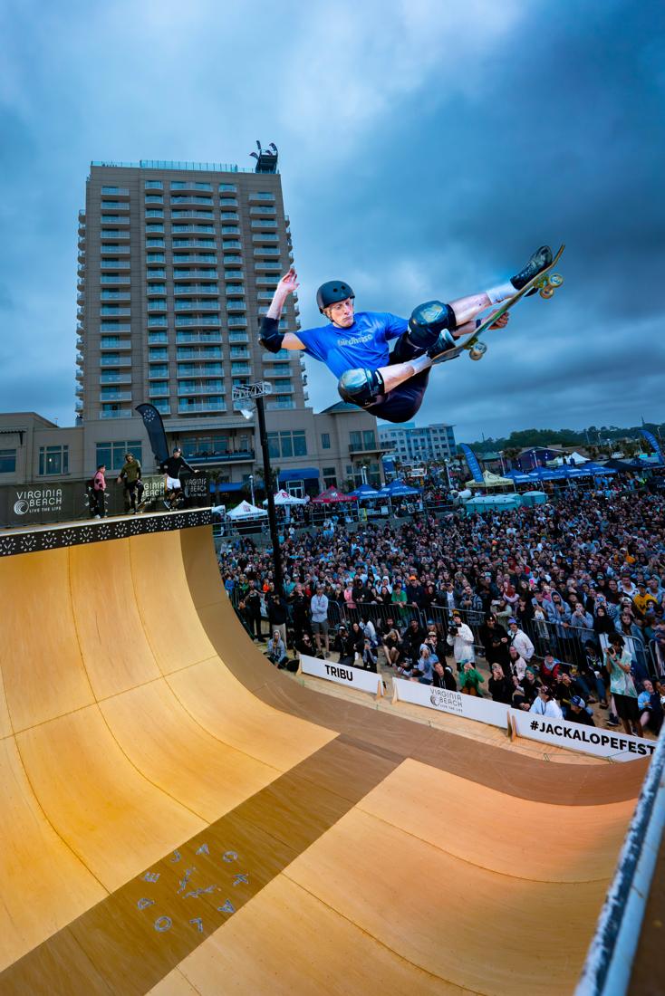 Tony Hawk mid-air on the Jackalope vert ramp at Virginia Beach