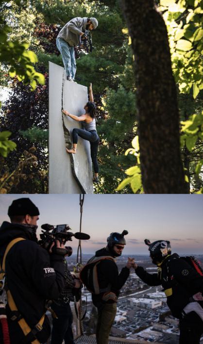 Filming Jackalope.TV: a climber on a concrete wall shot from above, and a crew filming a BASE jumper on a rooftop at dusk