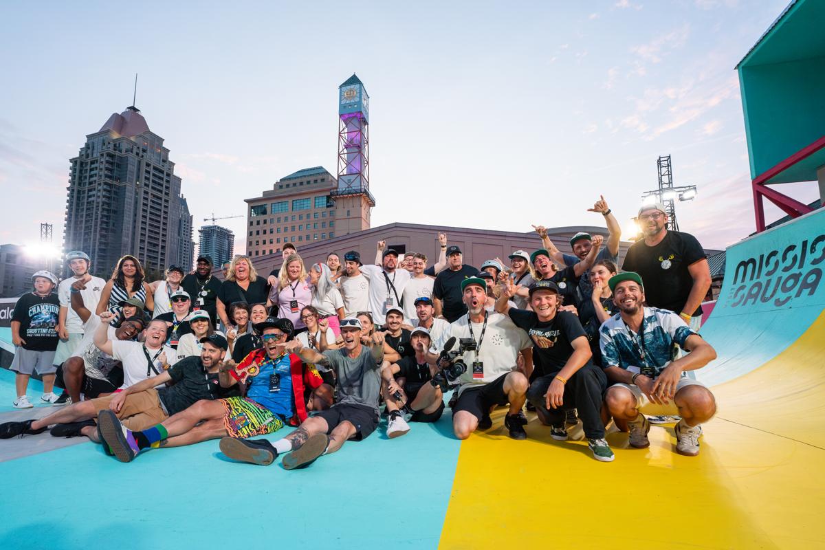 The Jackalope crew and Visit Mississauga team cheering on the ramp at dusk