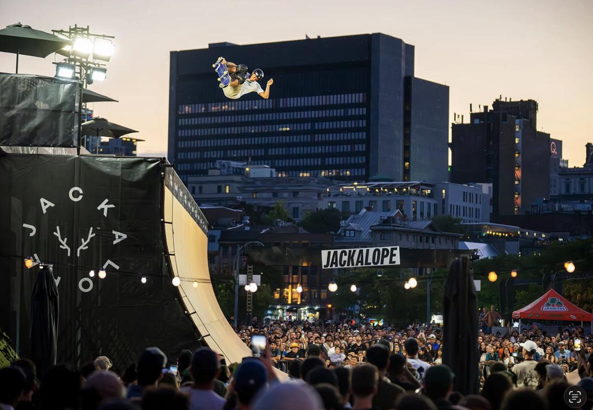 Vert skater above the Old Port at dusk, Jackalope Montréal