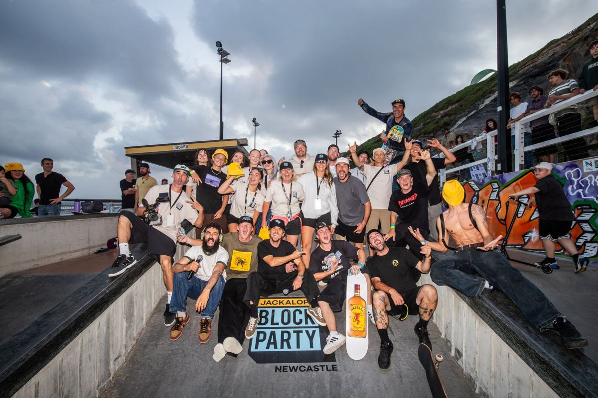 The Jackalope Block Party crew and riders celebrating in the bowl at South Newcastle Beach skate park