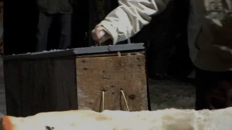 Grainy video still from the 2009 backyard snowboard party